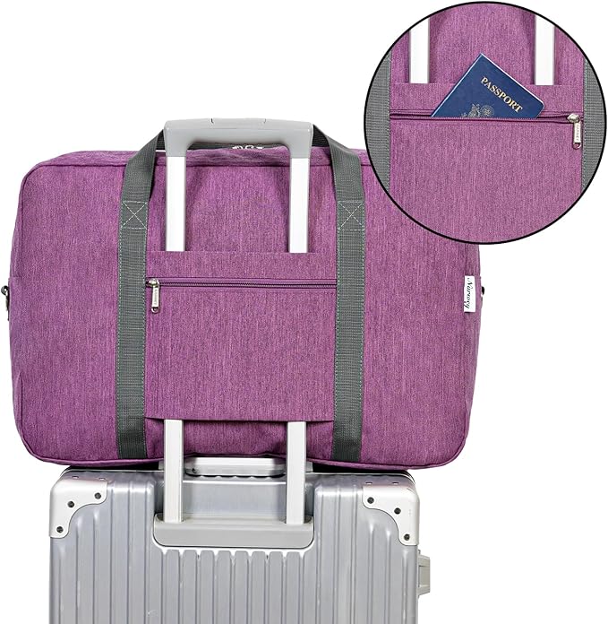 For United Airlines Foldable Carry on Bag 22x14x9 Travel Duffel Bag Packable luggage Duffle for Women and Men 40L (Dark Purple)