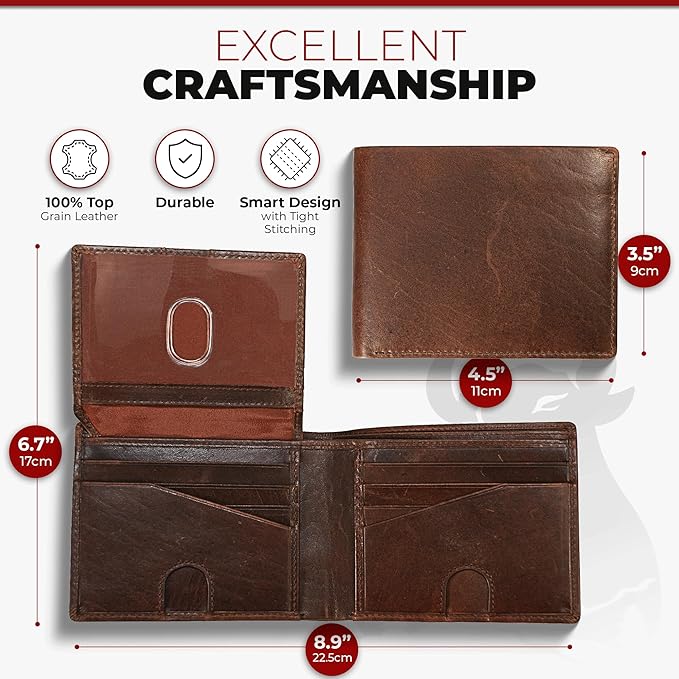 BULL GUARD Mens RFID Blocking Bifold Wallet Top Grain Leather in Grizzly Brown, Secure and Durable Extra Capacity Billfold with 11 Credit Card Slots, Tight Stitching, Quick Thumb Push Access, No Logo