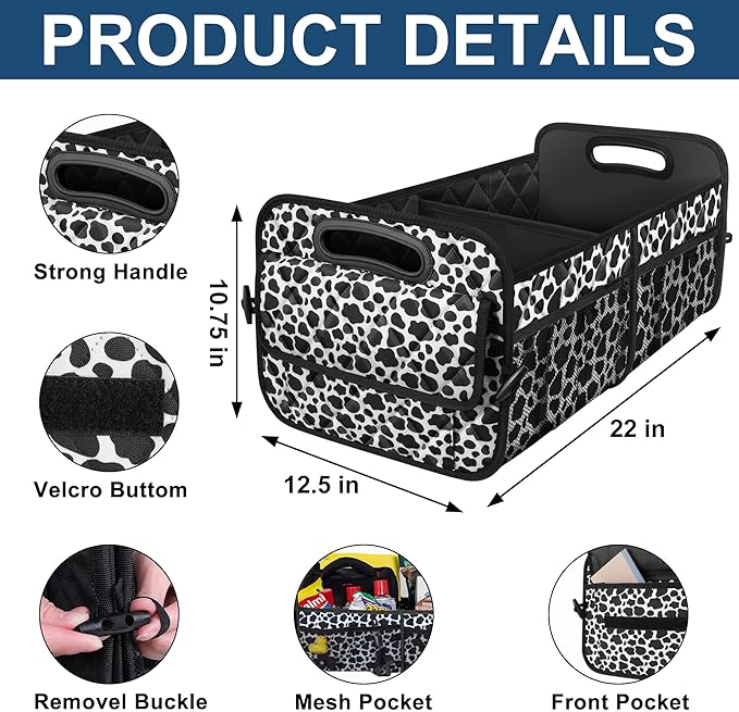 Deosk Car Organizer for SUV - 6 Big Pocket Trunk Storage With Waterproof Polyester, Car Accessories for Women/Men, Cow Print (Medium)