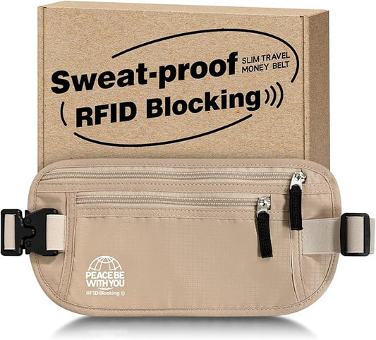 Hidden Money Belt for Travel, RFID Blocking, Sweat-Proof, Heavy-Duty Buckle, 3rd Gen Waist Wallet Anti Theft to Protect Cash, Credit Cards and Documents Under-Clothes for Men & Women, Beige