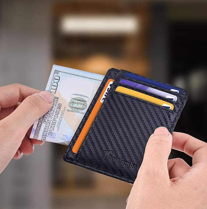 Travelambo Slim Wallet Front Pocket Minimalist Leather RFID Blocking Medium Size (Carbon Fiber Black)