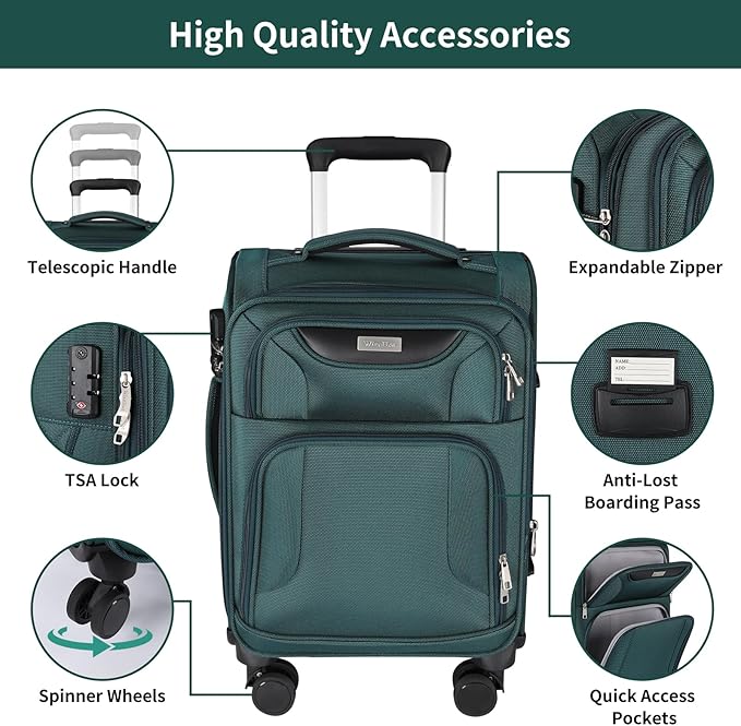 3-Piece Softside Expandable Luggage Set with Front Open Pocket, Lightweight and Durable Oxford Fabric Suitcase Set with TSA Lock (Dark Green, 20in/24in/28in)