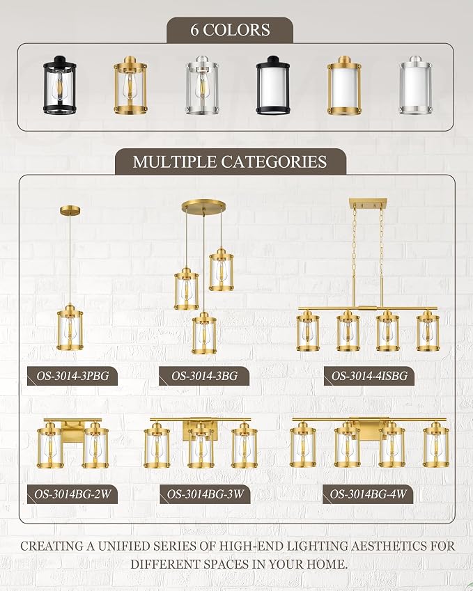 4-Light Brushed Gold Bathroom Light Fixtures with Clear Glass and Metal Cage, 29 Inch Modern Brass Vanity Lighting Over Mirror Wall Sconce Lights for Bath, E26, Rust-Proof, OS-3014BG-4W