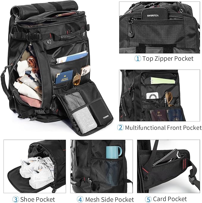 Large Capacity For Travel Hiking Sports Carry On Backpack Durable Convertible Duffle Bag Laptop airplane (Black, 60L-Large DualMainOpening)
