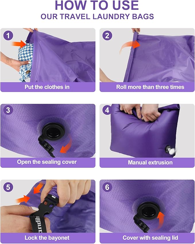 Travel Compression Laundry Bag for Dirty Clothes, Pump-Free Vacuum Space Saver Bag, Reusable Waterproof Wet Dry Bag, Travel Laundry Bag for Luggage, Packing, Suitcase (1 Pcs)（Purple, L)