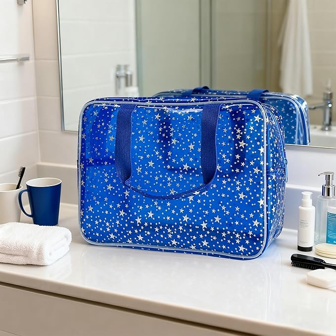 Dark Blue Clear Star Large Cosmetic Bag and Travel Pouch with Handle,Durable Material,Zipper Design-Ideal for Makeup,Travel Essentials (Dark Blue)