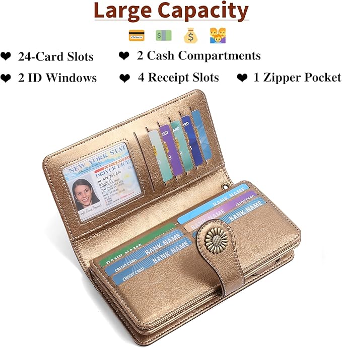 SENDEFN Wallets for Women Leather Credit Card Holder with RFID Blocking Large Capacity Wristlet | with RFID Blocking, Large Capacity, Wristlet, with RFID Blocking, Large Capacity, Wristlet