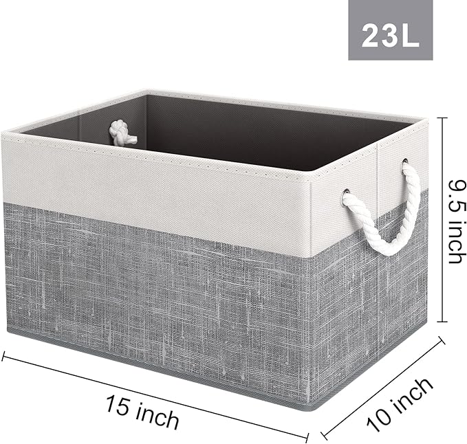 Fab totes Storage Bins [2-Pack], Foldable Storage Baskets for Organizing Toys, Books, Shelves, Closet, Large Storage Box with Rope Handles, Sturdy Organizer Bins, White & Grey