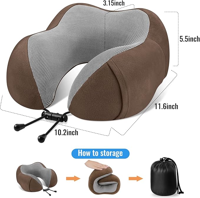 CloudBliss Travel Pillow Premium Memory Foam, Comfortable & Supportive Neck Pillow, Neck Pillows for Sleeping Travel, Airplane Pillow for Sleeping Airplane, Car, Office and Home（Black & Brown）