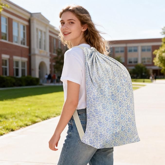 College Laundry Bag 29"×18", Waterproof Dirty Clothes Bag with Handles & Locking Drawstring, Large Capacity Floral Laundry Backpack for Dorm, Laundromat, Apartment, Travel & Camping (Blue)