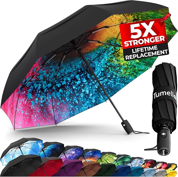 TUMELLA Strongest Windproof Travel Umbrella (Compact, Superior & Beautiful), Small, Wind-Tested, Light & Portable, Automatic Folding Rain Umbrella, Durable Premium Grip, Fits Car and Backpack