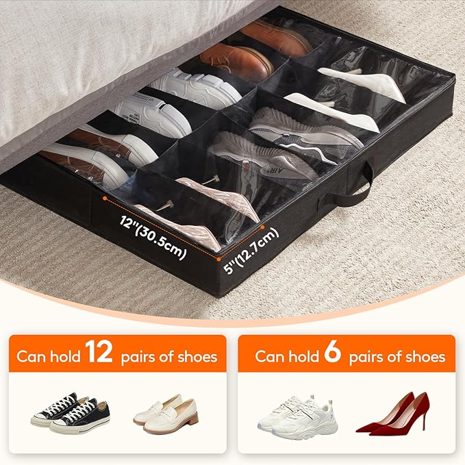 Lifewit Under Bed Shoe Storage Organizer Set of 2, 4.3 Inches Tall Low Profile Fabric Shoes Container Box with Clear Cover, Foldable Storage Bag with 2 Handles, Total Fits 24 Pairs of Shoes, Black