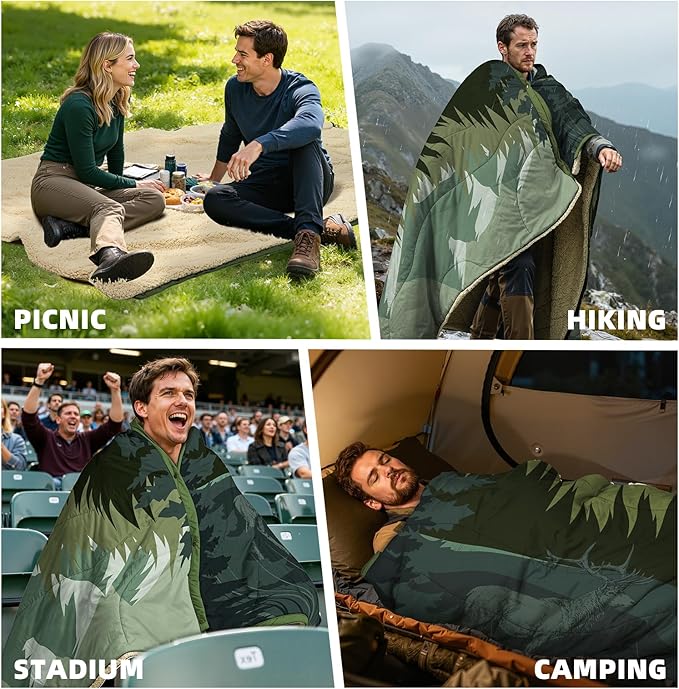 Outdoor Camping Blanket with Sherpa Lining, Extra Warm Thick Camp Blankets and Puffy Ultralight Soft Poncho DWR Camping Quilt for Cold Weather, Adventure, Sleeping, Backpacking 78"x 56"