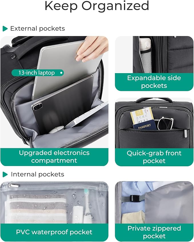BAGSMART Underseat Carry on Luggage with Wheels, Soft Small Travel Luggage with PVC Wet/Dry Pockets, Lightweight Soft Personal Item Suitcase for Short Trip, Black