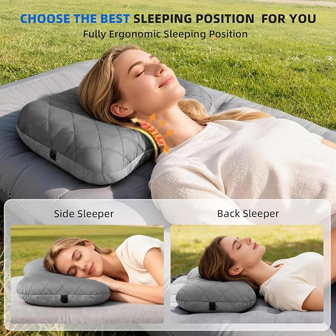 aiGear Inflatable Camping Pillow, Ultralight Compact Air Pillow Ergonomic Neck & Lumbar Support Portable Inflatable Pillow with Removable Washable Cover for Travel Backpacking Hiking (Gray)