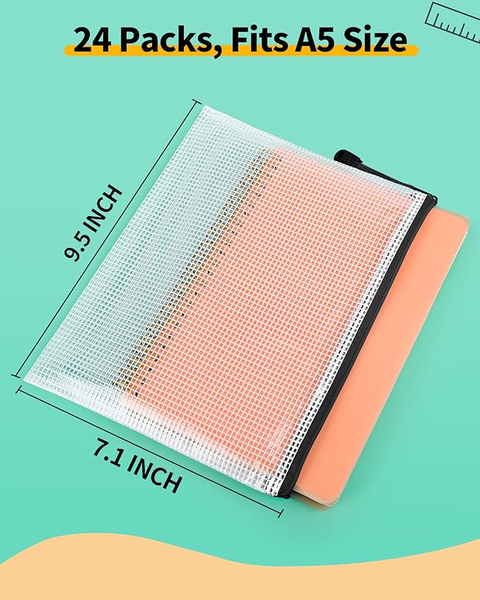 Smarpau A5 Mesh Zipper Pouch, 24 Pack 9.5" x 7.1" Plastic Zipper Pouches for Organizing, Multipurpose Waterproof Zip Bags for Travel Office Home Storage, Black