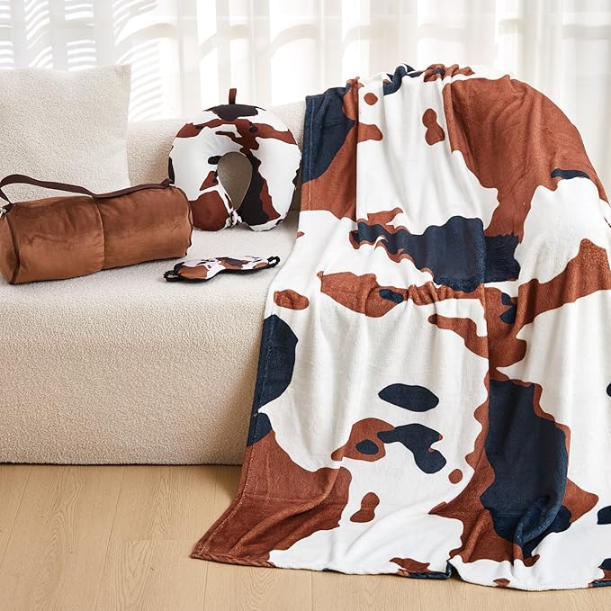 5 Pcs Travel Pillow and Blanket Set, 5 in 1 Travel Airplane Compact Includes 40 x 60 Inch Throw Blanket Eye Mask Neck Pillow Earplug and Bag Gifts for Travelers Women(Cow Print,Brown)