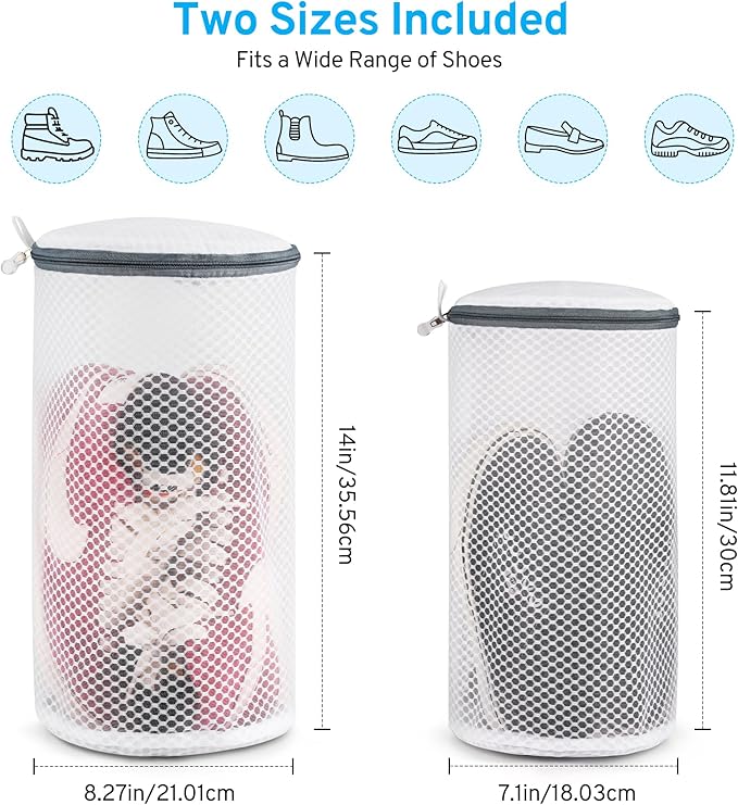 2 Pack 2 Size Large Shoe Washing Machine Bag, Durable Honeycomb Mesh Laundry Bag with Zipper for Sneakers, Running Shoes, Sock, Bras, Delicates and Toys