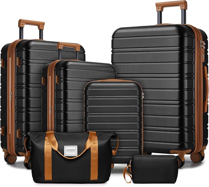 6 Piece Luggage Set Hard Shell - Black Expandable Suitcases with Spinner Wheels and Duffel Bags for Family Travel, Durable Carry On Luggage Sets with Lock for Women and Men
