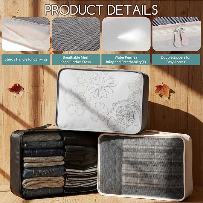 SHENLIU 12 Pcs XL Packing Cube for Travel Luggage Organizer, 17.7 x 12.99 x 4.72 inches Reusable Black Gray Beige Mesh Travel Luggage Bags for Hiking Camping Accessory