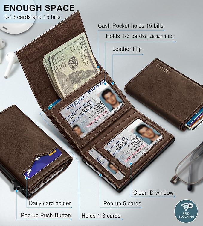 miyozi Wallet for Men,with Cash Pocket 2 ID Window 9-13 Cards,Metal Case Smart Slim Pop Up Credit Card Holder Flip with Magnetic Closure RFID Blocking Trifold wallet with Gift Box
