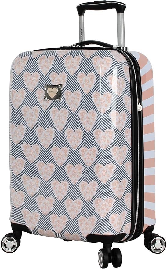Betsey Johnson Designer 20 Inch Carry On - Expandable (ABS + PC) Hardside Luggage - Lightweight Durable Suitcase With 8-Rolling Spinner Wheels for Women (Chevron Hearts)