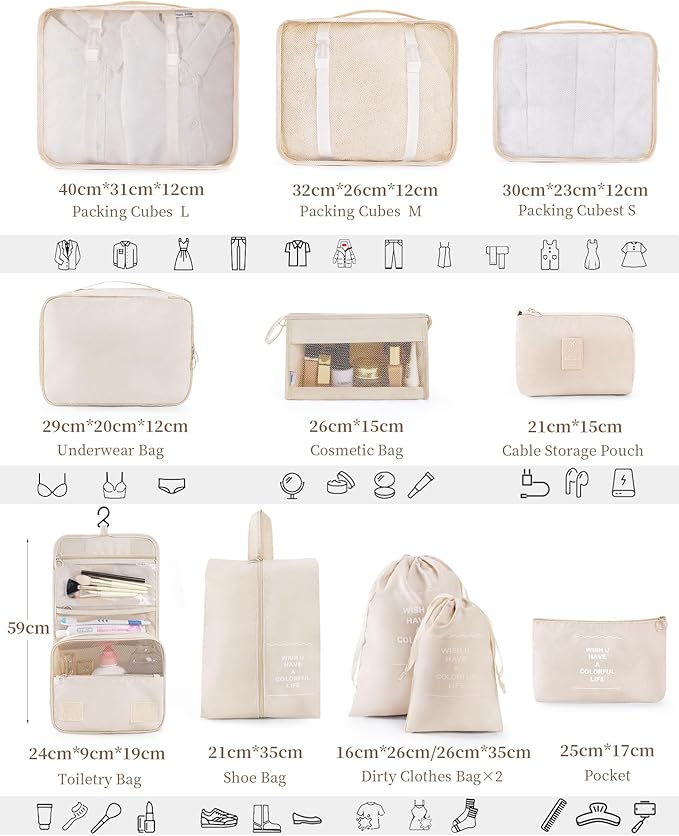 Packing Cubes 11 PCS, Mesh Breathable Luggage Organizers Bags, Packing Organizers, Durable Travel Essentials Bags Set, Travel Packing Organizers,Beige