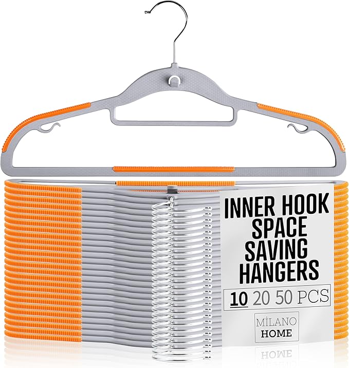 Plastic Hangers 10 Pack, Cascading Slim Space Saving Clothing Hangers with 360° Rotating Hook, Non Slip Clothes Hangers for Sweater Shirt, Heavy Duty Coat Hanger with Inner Hook for Closet, Grey