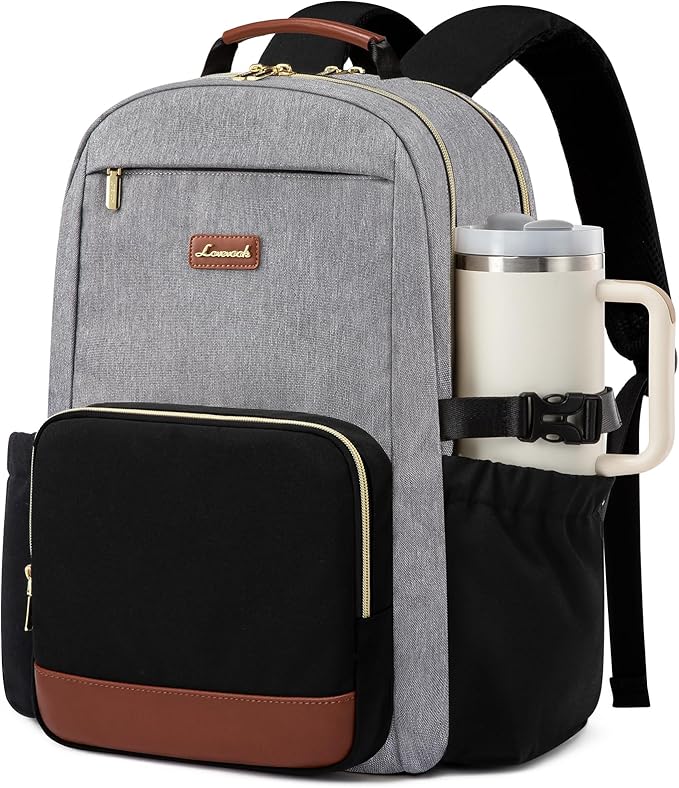 LOVEVOOK Laptop Backpack for Women with Pouch Pocket for Large Capacity Cup,18 Inch Teacher Nurse College Work Backpack Purse,Waterproof Laptop Bag Computer Back Pack for Travel, Grey-Black-Brown