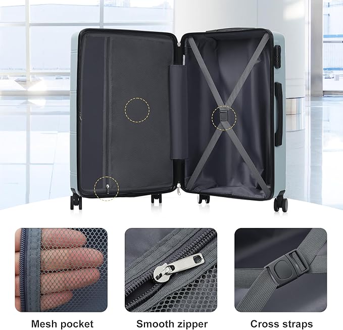Merax Luggage Set 6 Piece,Lightweight Hardshell Suitcase with Double Spinner Wheels Handle Password Lock,14 IN Cosmetic Case 20/24/28 IN Luggages with Duffel Bag and Toiletry Bag,Light Blue