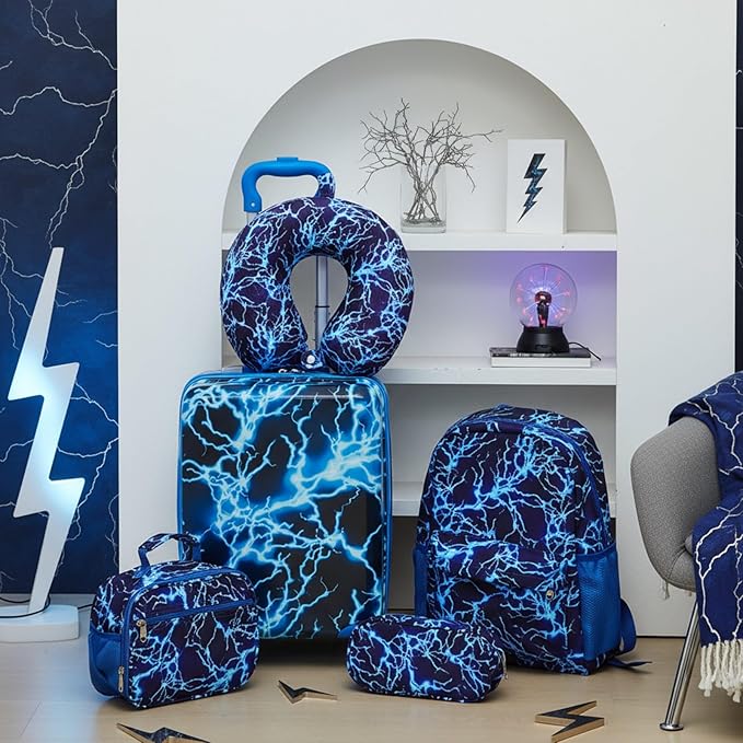 Redbaker 17 Inch 6 Pcs Kids Luggage Set Kids Rolling Luggage Double Pattern Suitcase for Boys Girls (Blue, Lightning Style)