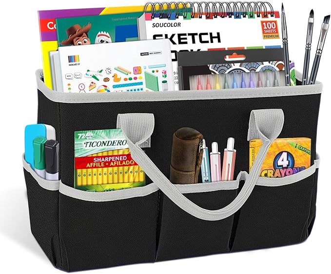 Godery Desktop Tote and Stock Organizer, Teacher Helper Tote Bag Organization for Arts, Books, Stationery, Office Desk Organizer, Make-up Storage Tote with Handles for Travel, Black