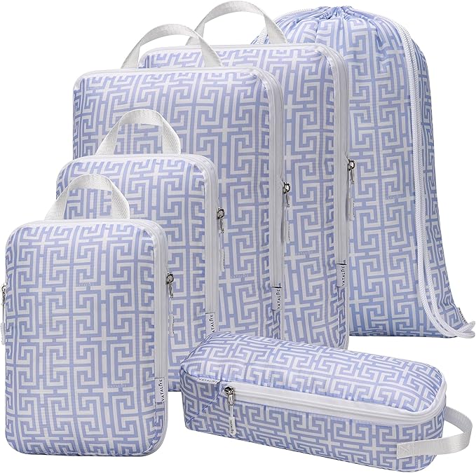 Compression Packing Cubes for Travel 6pc Set with Laundry Bag/Backpack-Luggage Organizers for Suitcase-Lightweight Compressible - Light Blue Boho