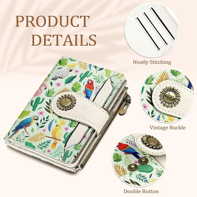 Icycay Flamingo Parrot Wallet Women Small RFID Blocking Bifold, Credit Card Holder, Zipper Coin Pocket, Cute, PU Leather, Compact, Travel, 14 Card Slots, Cash Purse, Ladies Woman Female Girls
