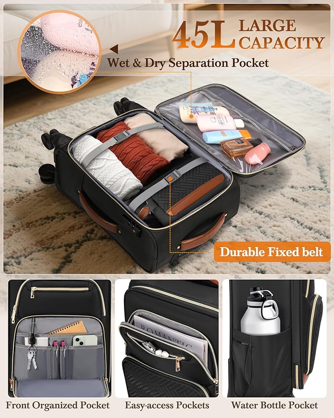 RAINSMORE Carry On Luggage 22x14x9 Airline Approved, 20 Inch Softside Suitcases with Wheels, 3 Piece Luggage Sets, Rolling Carry On Suitcase with TSA Lock for Travel Weekender