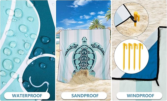 Beach Blanket Waterproof Sandproof Beach Mat 79”x 83” for 1-8 Adults Quick Drying Durable Outdoor Picnic Mat for Beach Festival Travel Camping Hiking (GN-Stripes Seaturtle, 79"×83"(4 Person))
