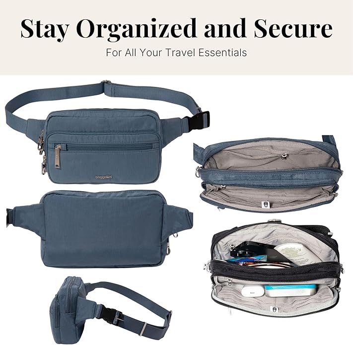 Baggallini Securtex Anti-theft Belt Bag 8.8"x5.5" Crossbody Fanny Pack for Women RFID Wallet Locking Zipper Travel Purse