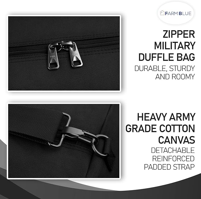 The BEST! GET the Farm Blue GI Zipper Duffel Bag - Enormous 30"x 50" XX Large Military Army Duffle w.Shouldr Strap- Best 4 summer camp, dorm laundry & moving-YKK Zips & 3 Grab Handls (Black, XX-Large)