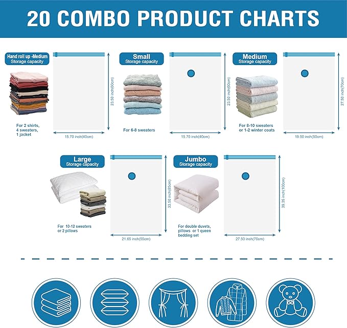 Cozy Essential Vacuum Storage Bags, 80% Compression Vacuum Seal Space Saver Plastic Packaging Bags for Clothes, Blankets, Pillow, Bedding, Comforters, Sealer Clothing Storage,20 Combo