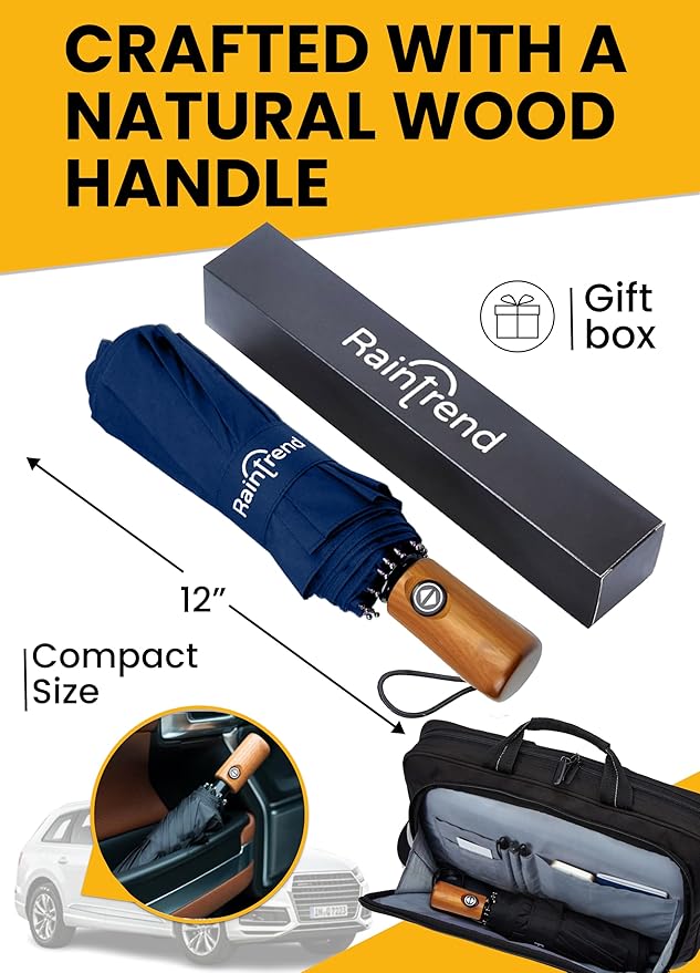 Raintrend Windproof Travel Umbrellas for Rain Automatic +10% Bigger Canopy Strong Frame Compact Folding Portable Umbrella for Women Men Backpack Purse