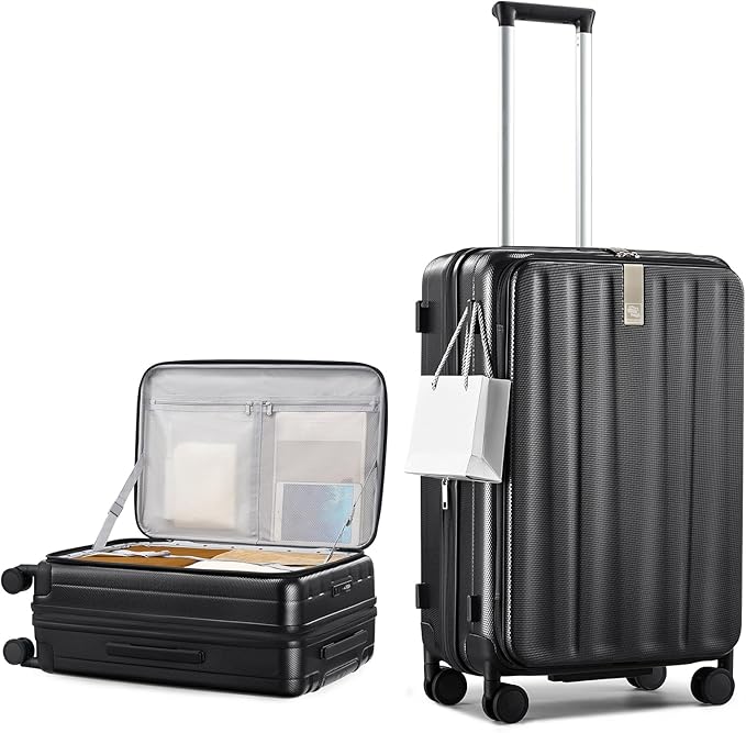 Hanke 24 Inch Expandable Luggage Top Opening Checked Bag Luggage Hard Shell Suitcases with Wheels Lightweight Travel Luggage Medium Suitcase with Lock for Woman Men-Jet Black