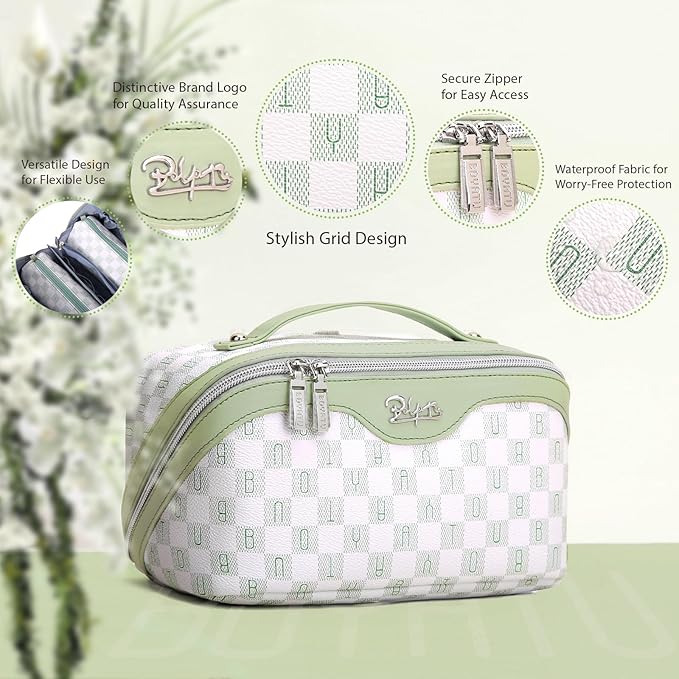 BOYATU Travel Makeup Bag Organizer Cosmetic Bag: 3 Pcs Set Make up Bags for Women with Handle - Waterproof Vegan Leather Toiletry Bags Travel Essentials Pouch with Compartments (H-06-Green)