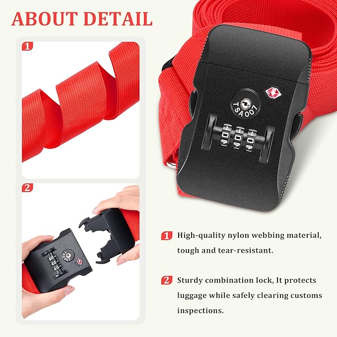 Chelmon Luggage Straps TSA Approved for Suitcases with Luggage Lock, Heavy Duty Adjustable Buckle Belt Anti Burst, Bright Colors Easy to Identify