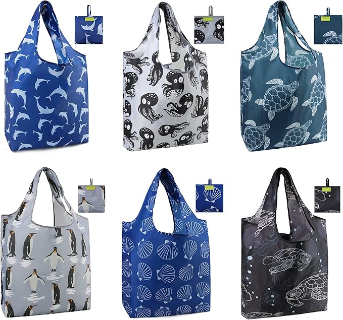 BeeGreen Animal Reusable Shopping Bags Cute Grocery Bag 6 Pack, Christmas Gift Bags Heavy-Duty Foldable Shopping Totes for Supermarket, Work & Travel, Large Washable Polyester Tote Bag with Handles