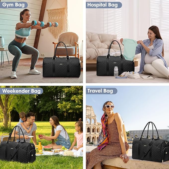 Women Weekender Travel Duffle Bag: Travel Duffel Overnight Bags with Shoe Compartment Large Carry on Tote with Toiletry Bag Weekend Traveling Yoga Gym Hospital Bag for Women with Wet Pocket Black