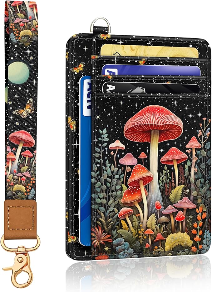 Yonlevres Mushroom Credit Card Holder Slim Wallet, RFID Wallet Women Front Pocket Wristlet Lanyard, Small Card Holder Travel Funny Cute Thin ID Window PU Leather Case Organizer Gifts Girls