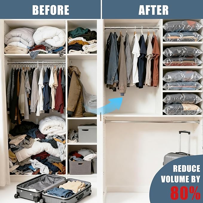 10 Jumbo Vacuum Storage Bags, Vacuum Seal Bags for Clothing Space Saver Compression Storage Bag with Hand Pump Extra Large for Clothing Travel Comforters Blankets Pillow Bedding Duvets Clothes