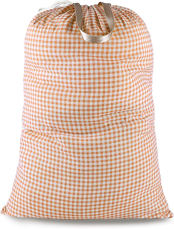 Extra Large Laundry Bag with Drawstring and Handle, Heavy Duty Travel Dirty Clothes Bag for Laundromat and Household, Durable Rip-Stop Laundry Hamper Liner, 28 x 40 Inch, Check Orange