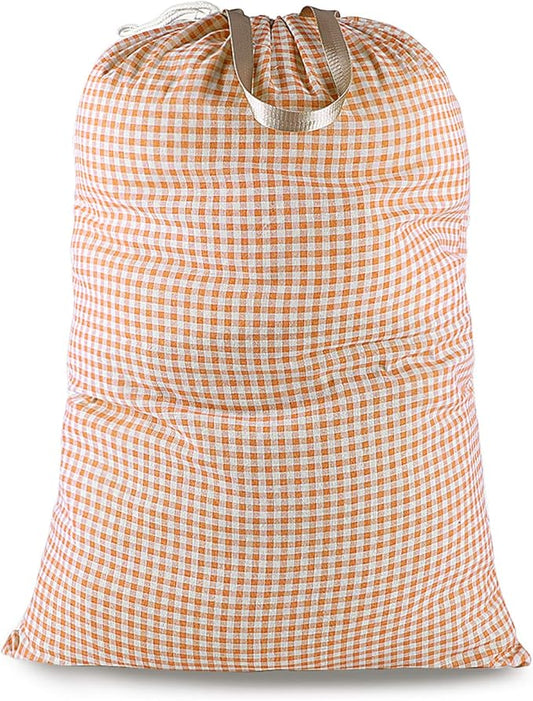 Extra Large Laundry Bag with Drawstring and Handle, Heavy Duty Travel Dirty Clothes Bag for Laundromat and Household, Durable Rip-Stop Laundry Hamper Liner, 28 x 40 Inch, Check Orange