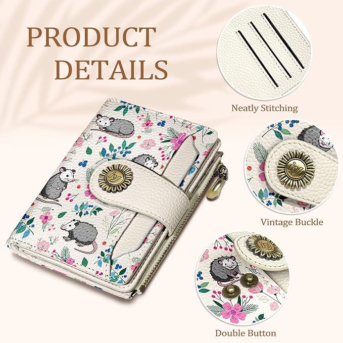 Icycay Possum Wallet Women Small RFID Blocking Bifold, Credit Card Holder, Zipper Coin Pocket, Funny Opossum, Cute, PU Leather, Compact, Travel, 14 Card Slots, Cash Purse, Ladies Woman Female Girls